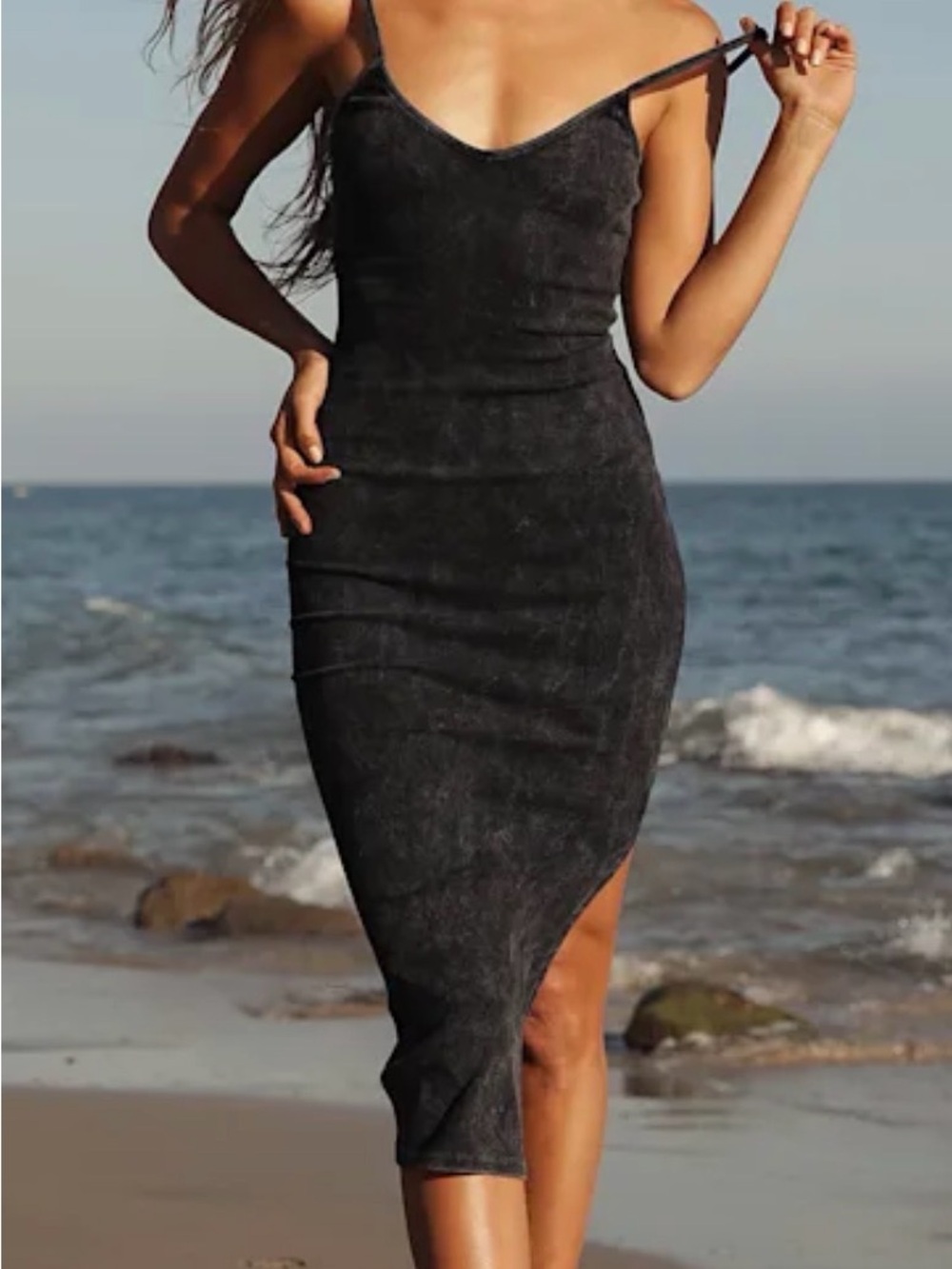 Lulus Distressed Black Midi Dress with Side Slit